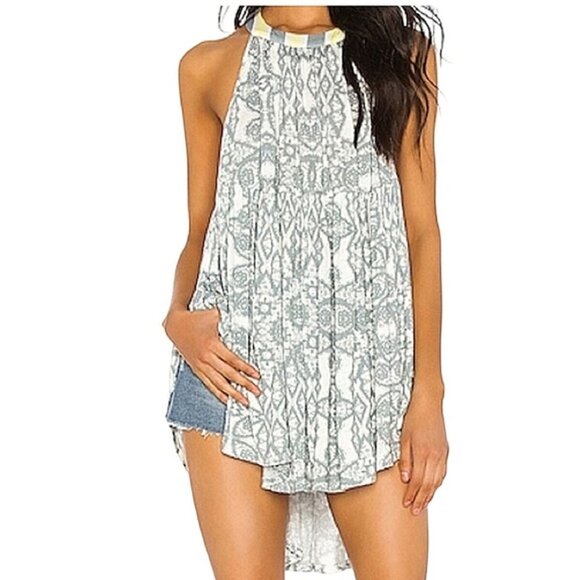 Free People Tops - Free People Mimi Hi Low Relaxed Blue & White Multi Halter Tunic Top Small EUC